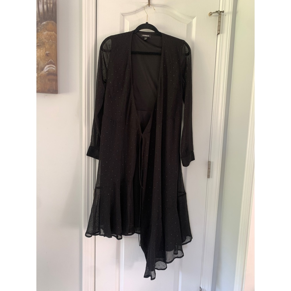 Express Black Metallic Clip Dot Sheer Wrap‎ Dress Asymmetrical Ruffle Hem Small
